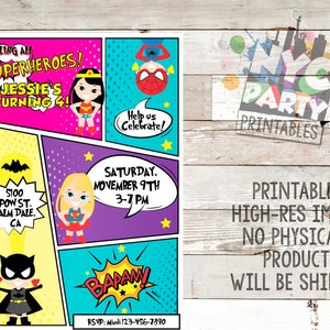 May include: A colorful comic book style invitation for a superhero themed birthday party. The invitation features a girl dressed as Wonder Woman, a girl dressed as Supergirl, and a girl dressed as Batgirl. The invitation also includes the text "Calling all superheroes! Jessie's turning 4!" and "Saturday, November 9th 3-7 PM".