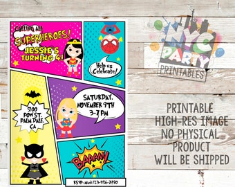 May include: A colourful comic book style invitation for a superhero themed birthday party. The invitation features a girl dressed as Wonder Woman, a girl dressed as Supergirl, and a girl dressed as Batgirl. The invitation also includes the text "Calling all superheroes! Jessie's turning 4!" and "Saturday, November 9th 3-7 PM".