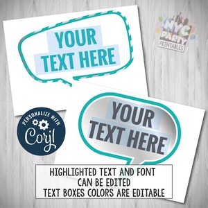 May include: Two printable photo booth props with speech bubbles. The speech bubbles are turquoise with a white outline and a silver interior. The text "YOUR TEXT HERE" is in black text inside the speech bubbles.