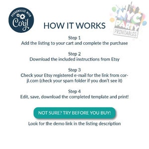 May include: A guide for Etsy buyers, outlining the steps involved in downloading and editing a printable template. The guide includes the text "PERSONALIZE WITH Coryl" and "NYC PARTY PRINTABLES".