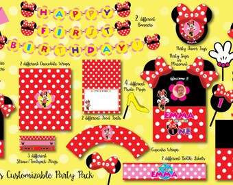Minnie Mouse Birthday Party Pack: Photo Booth Props, Backdrop & Invitation (Digital Download)