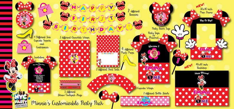 K&ouml;nnte beinhalten: Ein Minnie Mouse Party-Set mit verschiedenen Dekorationen. Enth&auml;lt Cupcake-Topper, Banner, Foto-Requisiten, Einladungen und mehr. Das Farbschema ist rot, wei&szlig;, schwarz und gelb, mit Tupfen und Schleifen.