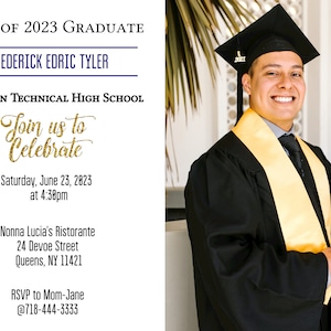 May include: Graduation invitation for Frederick Edric Tyler, Class of 2023, Brooklyn Technical High School. The invitation features a photo of the graduate in a cap and gown, holding a diploma. The event will be held on Saturday, June 23, 2023 at 4:38pm at Nonna Lucia's Ristorante, 24 Devoe Street, Queens, NY 11421. RSVP to Mom-Jane at 718-444-3333.