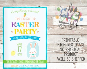 May include: A printable invitation for an Easter party. The invitation features a blue, green, and yellow colour scheme with a bunny rabbit, a chick, and the text "Every Bunny's Invited!"  "Come Join Us On Our Easter Party"  "We'll Have An Egg Hunt!"  "April 17 4PM"  "The Flower House 27 Rd Sunshine Blvd."  "RSVP: Andy 123-456-7890"