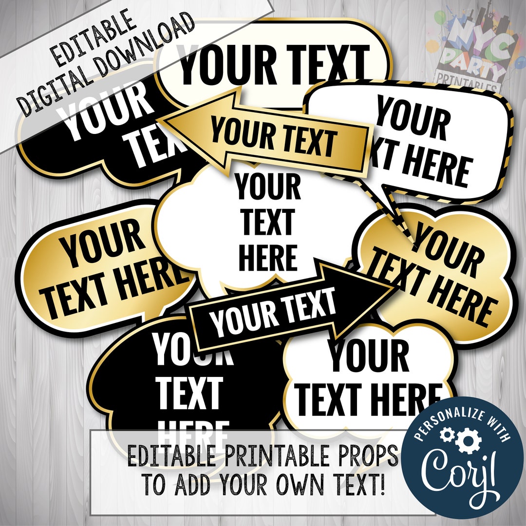 Editable Photo Booth Props: DIY Text, Black, White & Gold (digital ...