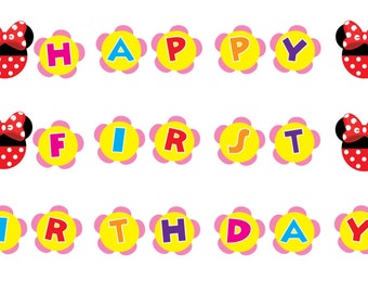 Banner de primer cumpleaños de Minnie Mouse • Decoración de fiesta rosa (PDF)