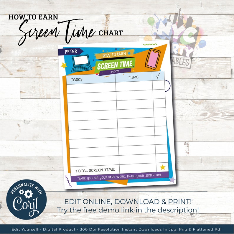 May include: A printable chart with a colorful design featuring a laptop, a cell phone, and a checkmark. The chart is titled "How to Earn Screen Time" and has columns for "Tasks" and "Time".