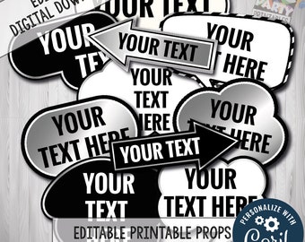 Editable Photo Booth Props, Custom Photo Booth Props, CORJL,  Editable Props + FREE bonus, Black & Silver Props, Edit your own