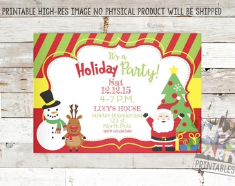 May include: A printable invitation for a holiday party with a red, green, and yellow color scheme. The invitation features a snowman, reindeer, Santa Claus, and a Christmas tree. The text on the invitation reads "It's a Holiday Party! Sat 12.12.15 4-7 P.M. Lucy's House Winter Wonderland 123 st. North Pole RSVP 183456.7800".