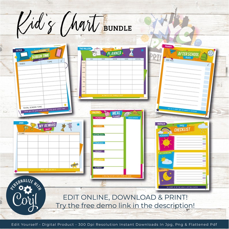 May include: A set of printable charts for kids, featuring colorful designs and various themes, including screen time, rewards, meal planning, after-school activities, and daily checklists. The charts are designed to help children stay organized and on track.