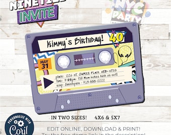 90s Cassette Tape Birthday Invitation: Retro Mix Tape, Editable (Digital Download)
