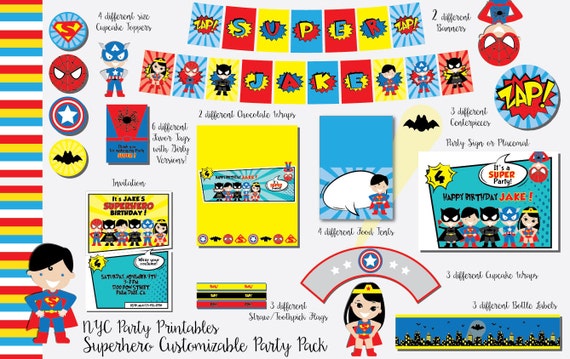 Superhero Birthday, Superhero Birthday Party, Unisex Superhero, Printable Party Pack, Batman, Superman, Wonder woman, Captain America, Il_570xn