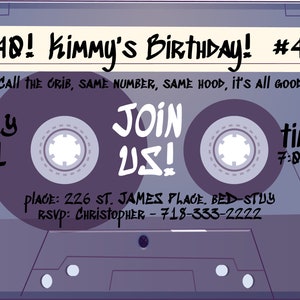 May include: A purple and grey cassette tape party invitation with the text "#40! KimmY'S BIRTHDAY! #48!" and "CALL THE CRIB, SAME NUMBER, SAME HOOD, it's All GOOD". The invitation also includes the date "MAY 31", the time "7:00PMM", the place "226 ST. JAMES PLACE. BED-STUY", and the RSVP information "RSVP: CHRISTOPHER -718-333-2222".