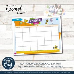 May include: A printable reward chart with a colorful design. The chart has a title that says "My Reward Chart". There are spaces for a child's name, a list of things they can do, and a section for rewards. The chart has a blue, yellow, orange, and red color scheme.
