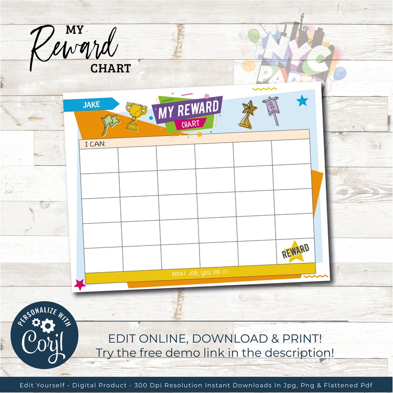 May include: A printable reward chart with a colorful design. The chart has a title that says "My Reward Chart". There are spaces for a child's name, a list of things they can do, and a section for rewards. The chart has a blue, yellow, orange, and red color scheme.