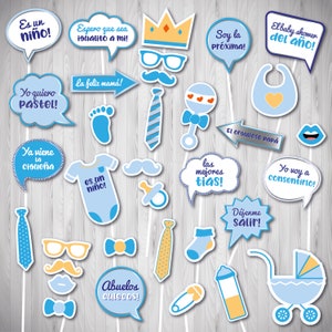Adereços de cabine fotográfica espanhola para chá de bebê | Decoração Chá de Bebê Niño | Es un Niño Printable Props Latino Boy Baby Shower | Sinais em espanhol