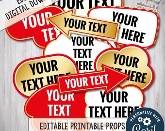 Editable Props, Editable Photo Booth Props, CORJL, Custom Photo Booth, Kid friendly, Red Black & Gold, Add your own TEXT + FREE Bonus Props.