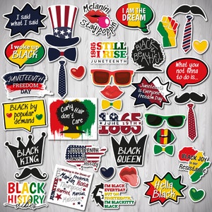 May include: A collection of colorful stickers with various designs and text, including phrases like "Black History Vibes," "Juneteenth Freedom Day," and "I am the Dream." The stickers feature diverse imagery, such as a crown, lips, and sunglasses.