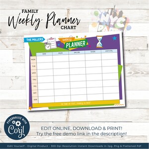 May include: A printable weekly family planner chart with a colorful design. The chart is titled "Weekly Planner" and has columns for "Dad", "Mom", "Jacob", "Susie", and "Krystal". The chart includes days of the week, from Monday to Sunday. The chart also includes the text "In time of test, family is best".