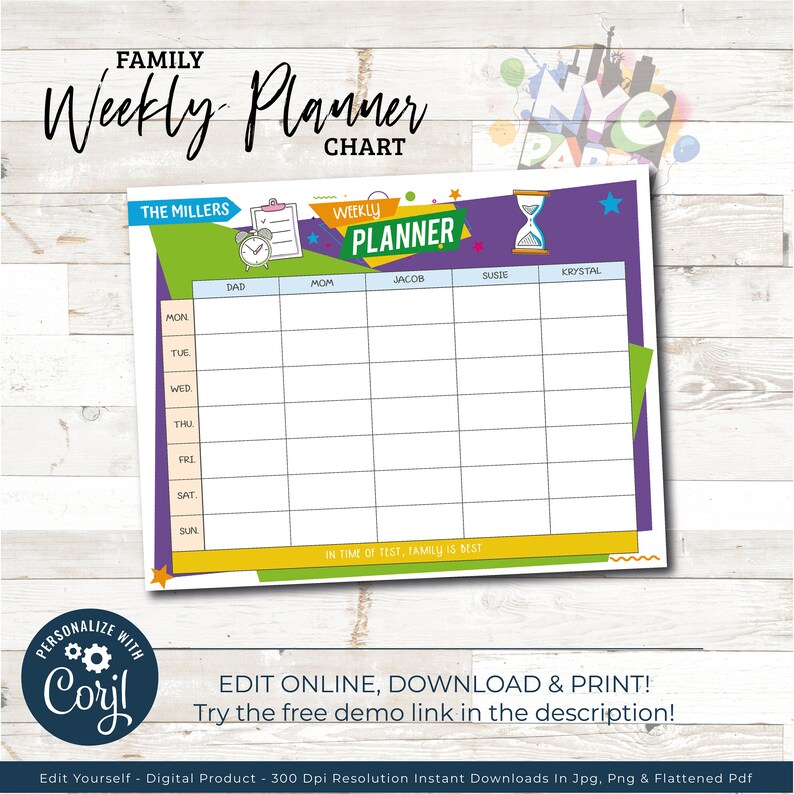 May include: A printable weekly family planner chart with a colorful design. The chart is titled "Weekly Planner" and has columns for "Dad", "Mom", "Jacob", "Susie", and "Krystal". The chart includes days of the week, from Monday to Sunday. The chart also includes the text "In time of test, family is best".