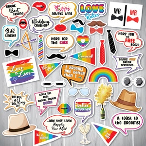 Gay Wedding Photo Booth Props | LGBTQ+ Printable Props | Pride Rainbow Party | Gay Grooms | Inclusive Wedding Decor | Instant Download