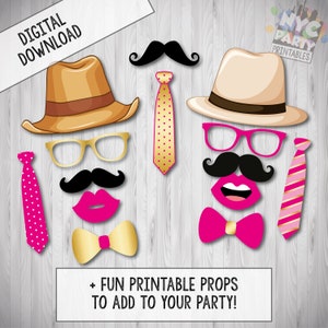 May include: Printable photo booth props featuring a pink and gold color scheme. The props include a hat, glasses, mustache, lips, bow tie, and necktie.