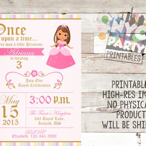 May include: Pink and gold princess-themed birthday invitation with a cartoon princess illustration. The invitation reads "Once upon a time... there was a little princess, Adriana is turning 3. Join our Royal Celebration. May 15, 2015, 3:00 p.m. The Taner's Kingdom, 345 Royal Lane, Ireland, US. RSVP Elizabeth 123-345-7800."