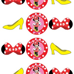 K&ouml;nnte beinhalten: Ein Bogen mit Grafiken zum Thema Minnie Maus. Enth&auml;lt rot-wei&szlig; gepunktete Schleifen, gelbe High Heels und kreisf&ouml;rmige Designs mit Minnie Maus, dem Text "HAPPY BIRTHDAY" und dem Namen "EMMA."