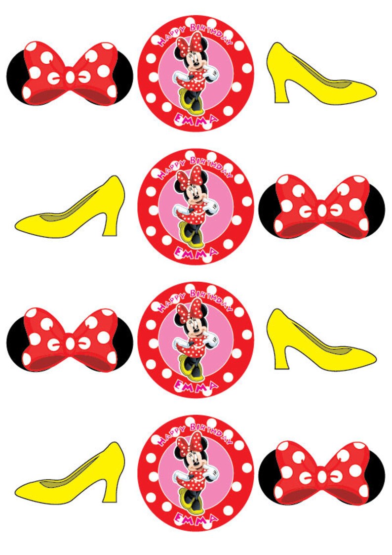 K&ouml;nnte beinhalten: Ein Bogen mit Grafiken zum Thema Minnie Maus. Enth&auml;lt rot-wei&szlig; gepunktete Schleifen, gelbe High Heels und kreisf&ouml;rmige Designs mit Minnie Maus, dem Text "HAPPY BIRTHDAY" und dem Namen "EMMA."