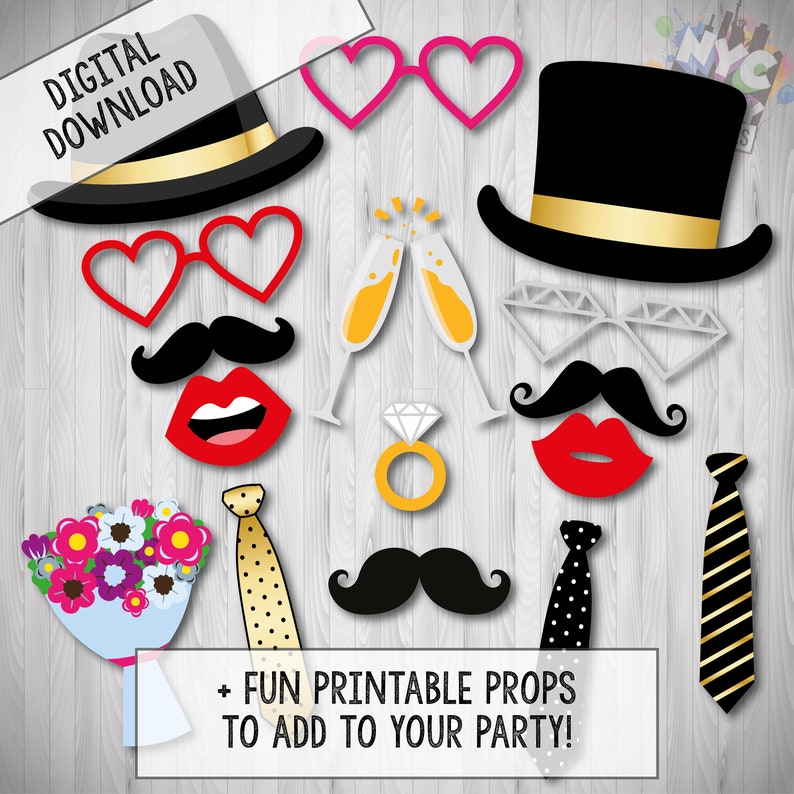 May include: Printable photo booth props for a wedding or engagement party. The props include a black top hat, a black mustache, a red heart-shaped glasses, a bouquet of flowers, a gold ring, a black and white polka dot tie, a black and gold striped tie, a black mustache, a red lips, and a champagne glass.