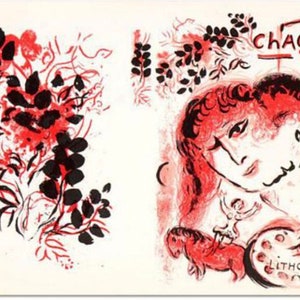 Pode incluir: Uma ilustração vermelha e preta de uma mulher com um pincel e uma paleta. O texto "Chagall" está escrito em preto no topo da imagem. A imagem é uma litografia e é numerada III.