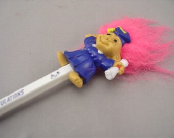 Vintage Troll Graduation Pencil Topper & Pencil by Russ circa 1980s - Old Store Stock - Vintage Toy