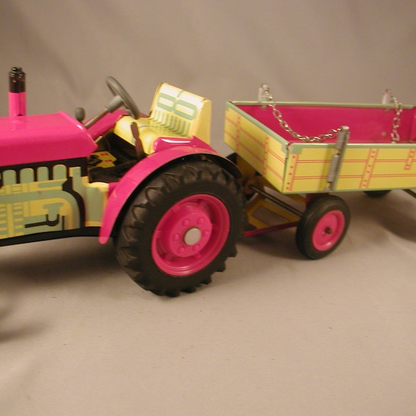 Vintage Tin ZETOR Farm Tractor and Trailer 1970s European Clockwork Wind Up Great Condition