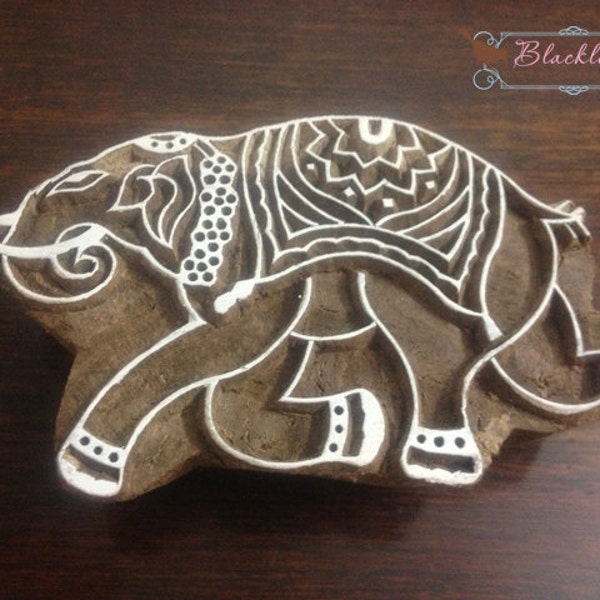 Wood Block Printing Hand Carved Indian Wood Textile Block Stamp Elephant Motif Craft Stamper