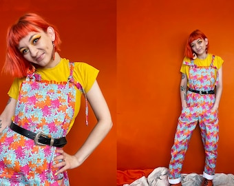 Orange and Pink Floral Unisex Dungarees - XXS - 7XL