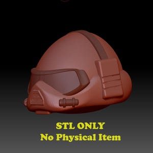 Puede incluir: Un modelo 3D de un casco con visera y correa. El casco es marrón y tiene una superficie texturizada. El texto "STL ONLY No Physical Item" es visible en la parte inferior de la imagen.