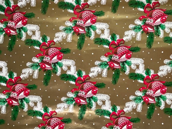 Vintage 1950s Christmas Wrapping Paper Gift Wrap Green Bells on Red [A}