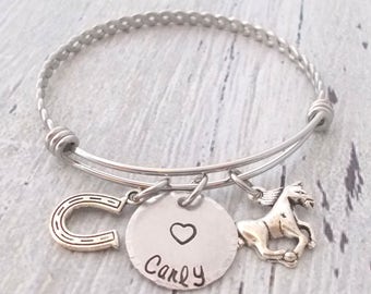 Personalized Horse Bracelet, Horseshoe Jewelry, Horseshoe and Name Adjustable Braided Bangle, Equestrian Gift, Veterinarian Gift, Horse Gift