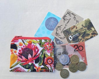 Small zipper coin purse, Earbud pouch, Card wallet, Small make up pouch, Medicines organiser, Jewellery case, Australiana fabric, Handmade