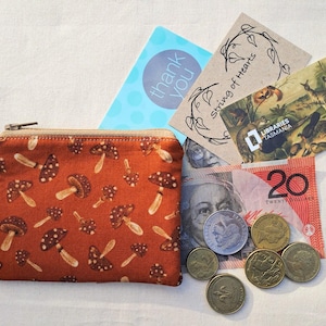 Small zipper coin purse, Mushroom fabric, Earbud pouch, Card wallet, Small make up pouch, Medicines organiser, Jewellery case, , Handmade