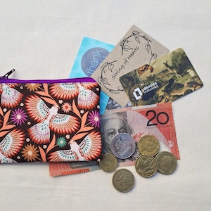 Small zipper coin purse, Earbud pouch, Card wallet, Small make up pouch, Medicines organiser, Jewellery case, Bird fabric, Handmade