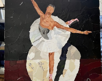 En pointe - torn paper collage - graceful ballerina shines in a spotlight in an elegant pose