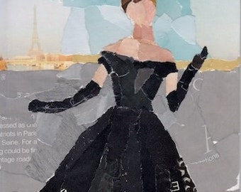 Paris fashion The New Look -  torn paper collage - original artwork from recycled books 5x7 perfect for fashion lover, Francophile