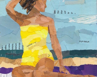 Sunbather woman in yellow suit on the beach- torn paper collage - original artwork,  made from recycled books