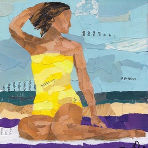 Torn paper collage of a woman  in a yellow bathing suit sitting on a purple and white striped towel.