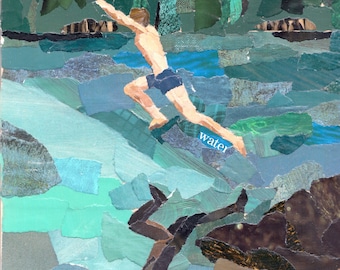 Boy jumping into lake - torn paper collage - original artwork from recycled books 8x8 perfect for summer house