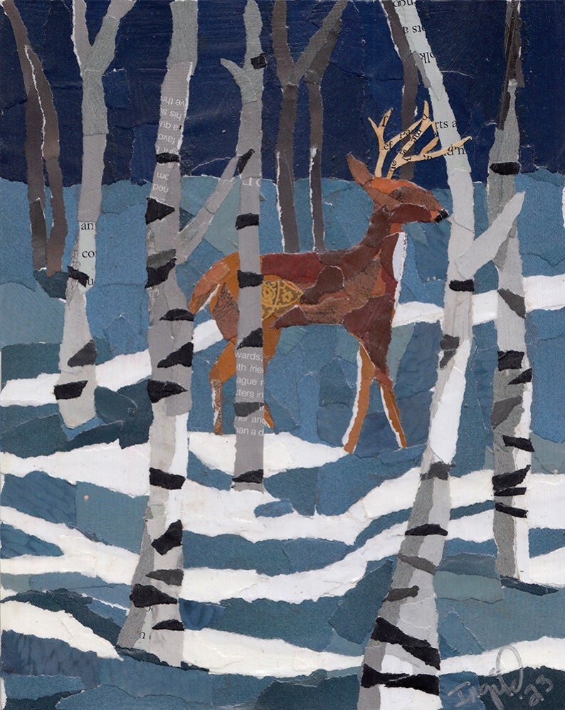 Deer in snowy birch forest, evening torn paper collage original artwork, made from recycled books image 1