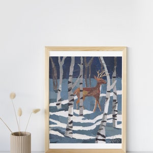 Deer in snowy birch forest, evening torn paper collage original artwork, made from recycled books image 2