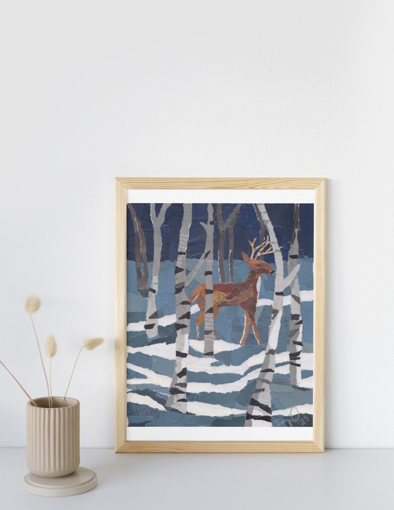 Deer in snowy birch forest, evening torn paper collage original artwork, made from recycled books image 2