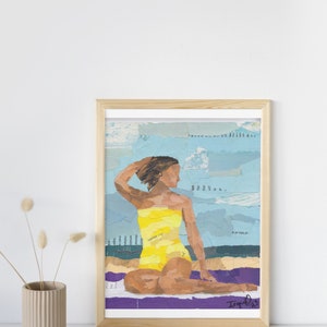 Sunbather woman in yellow suit on the beach torn paper collage original artwork, made from recycled books image 2